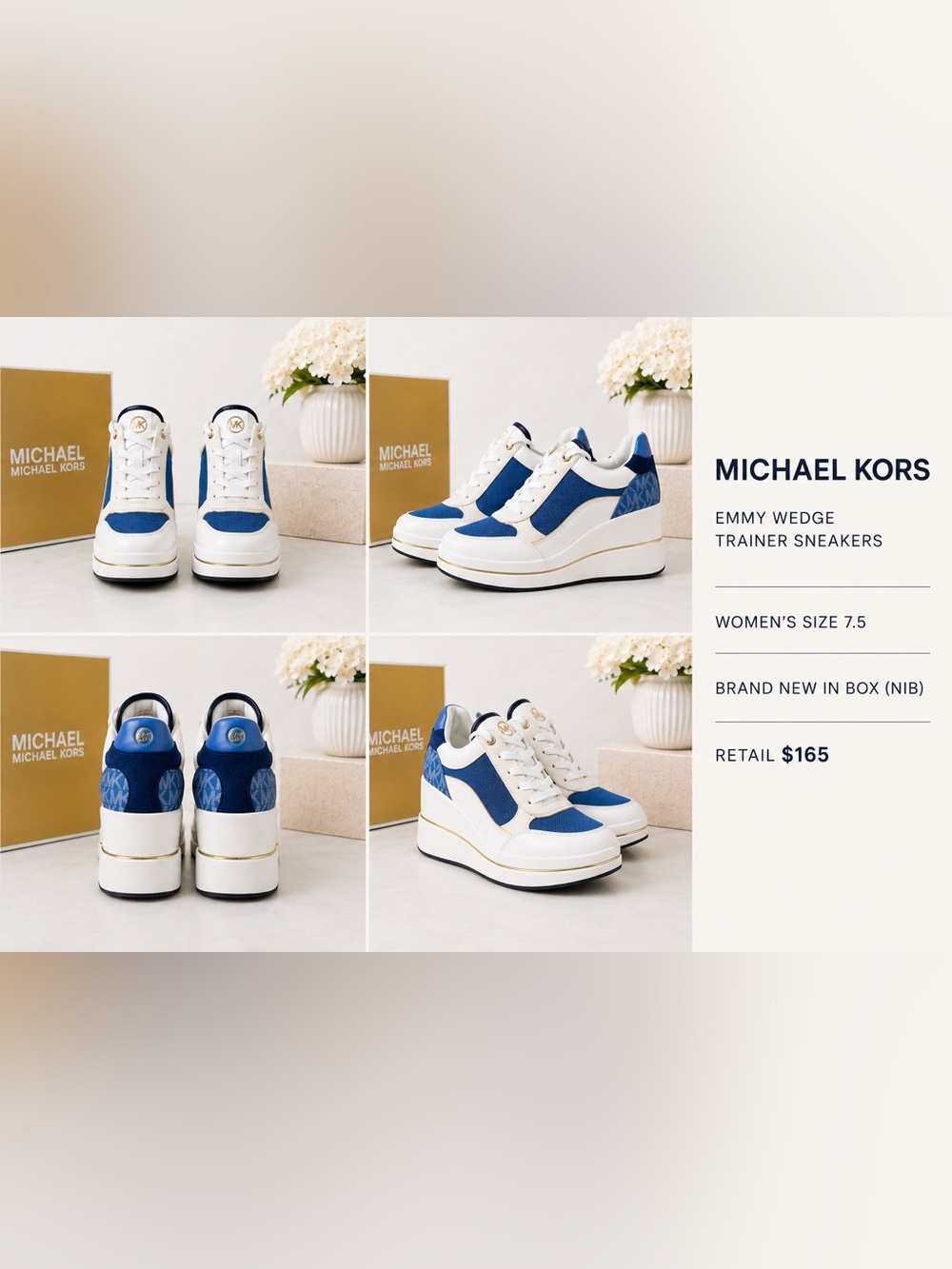 Michael Kors Emmy Wedge Trainer Sneakers French Blue Multi Women's Size 7.5 NIB